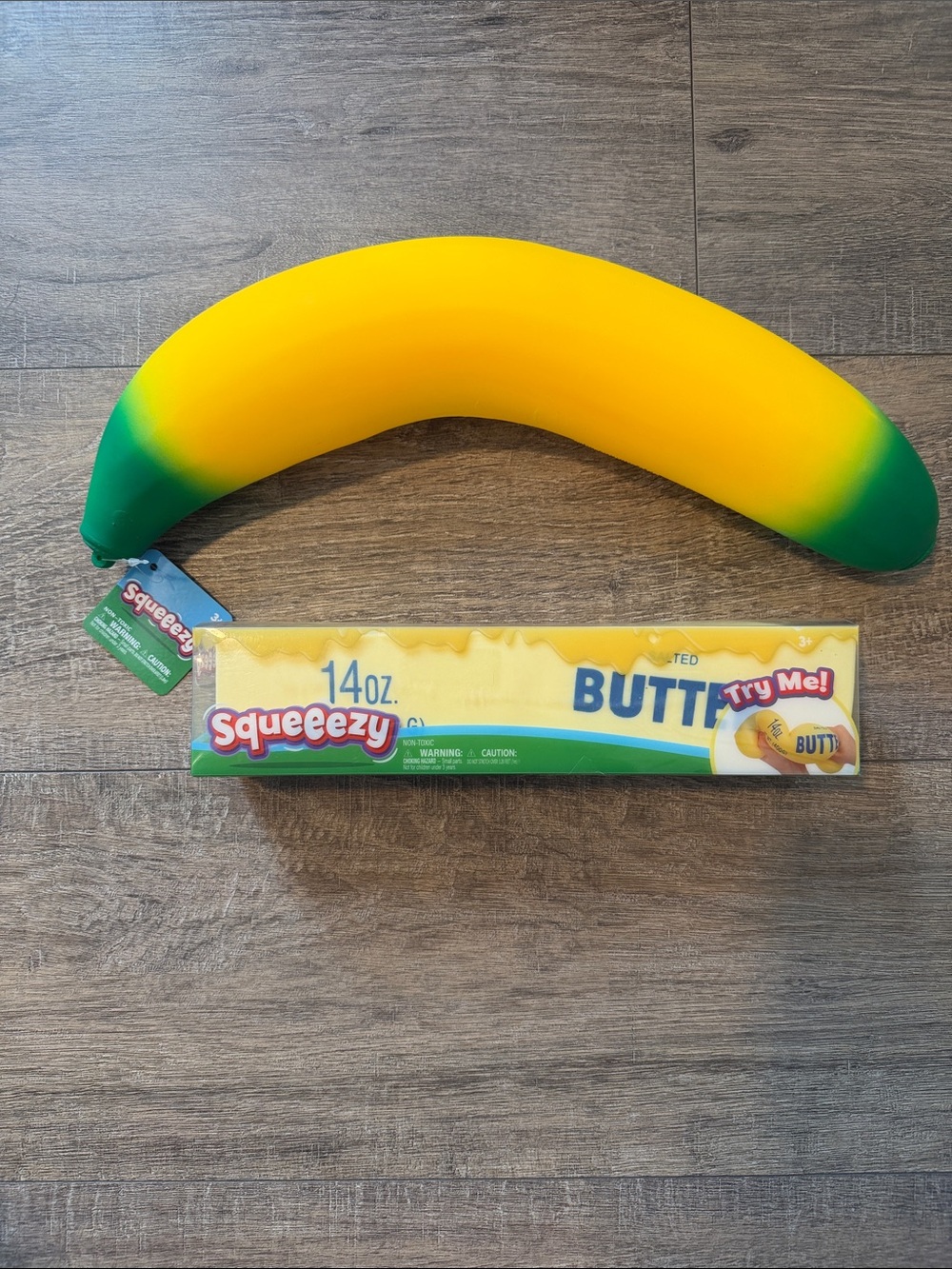 Large Banana Squeezy Squishy Toy - Yellow & Green and Large Squishy Butter